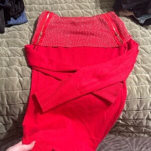 Red sparkly sweater dress 

Off shoulder / boat neck